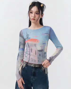 Aqua Long Sleeves Mesh Top