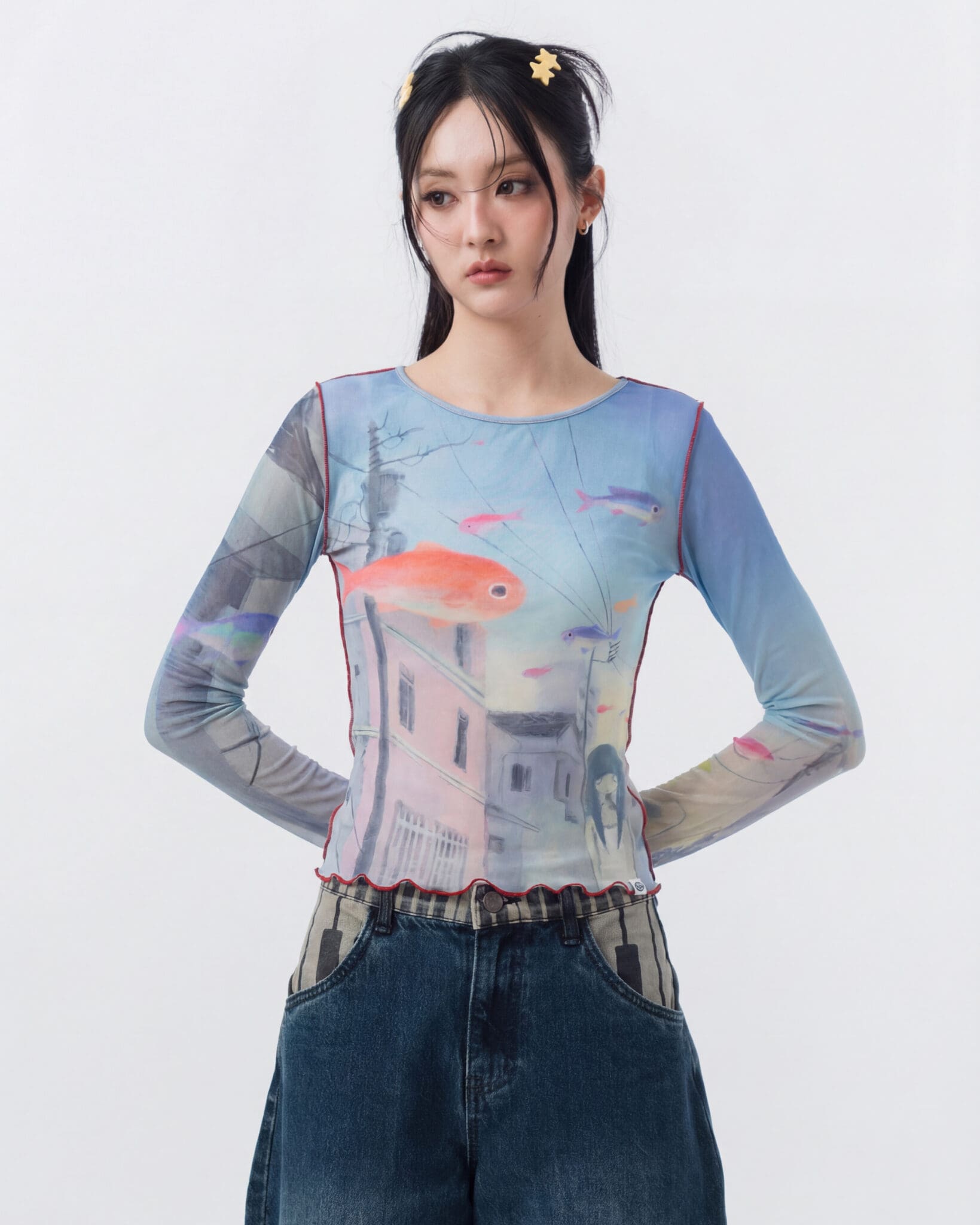 Aqua Long Sleeves Mesh Top